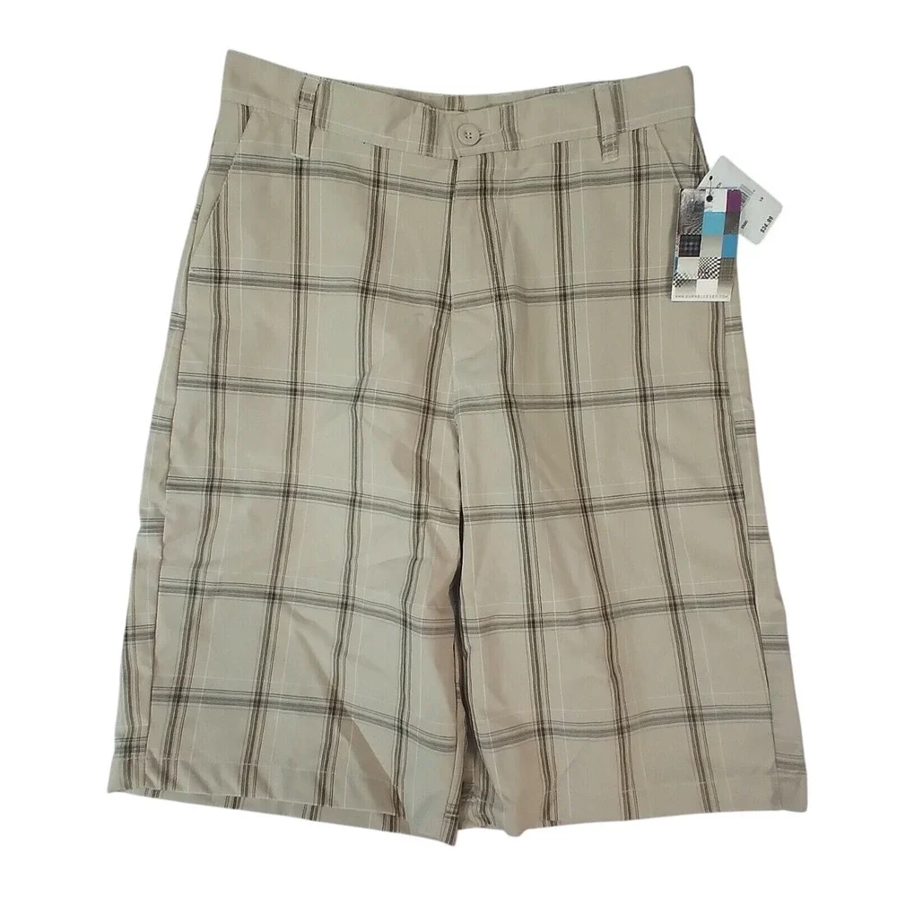 Burnside shorts youth boys size 18 tan beige plaid lightweight cotton NEW